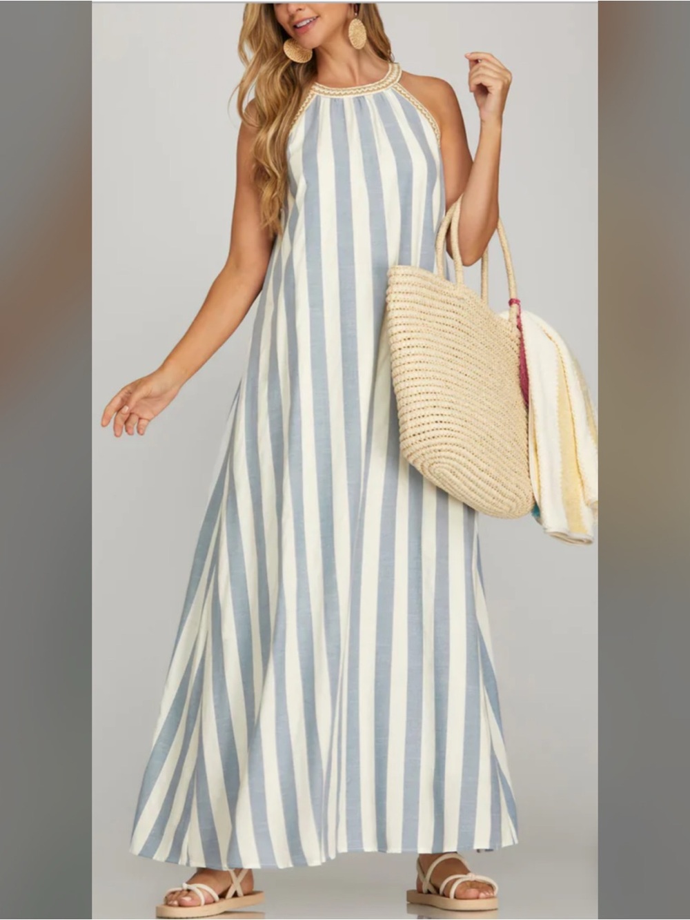 She + Sky Marina Maxi Dress A-line Halter Small Pockets Striped Lined NWT